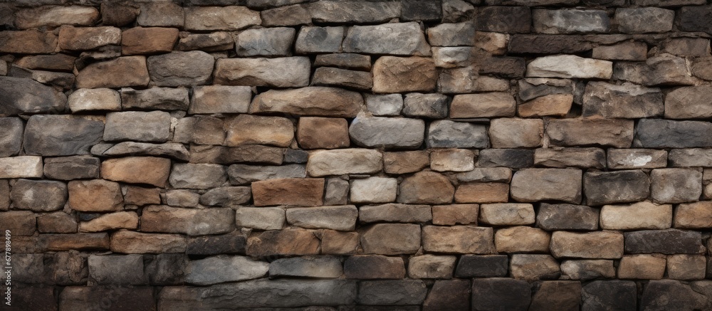 The old stone wall with a dark brown and rough texture served as the background showcasing its natural beauty a rectangular surface full of history and character