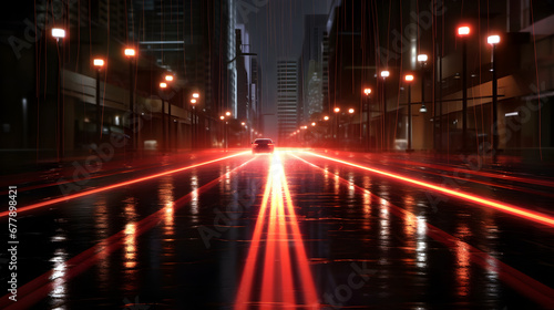 Red city light reflection on wet traffic floor, dark mood skyscraper wallpaper backdrop, traffic light tails reflection in a rainy midnight Metropolitan 