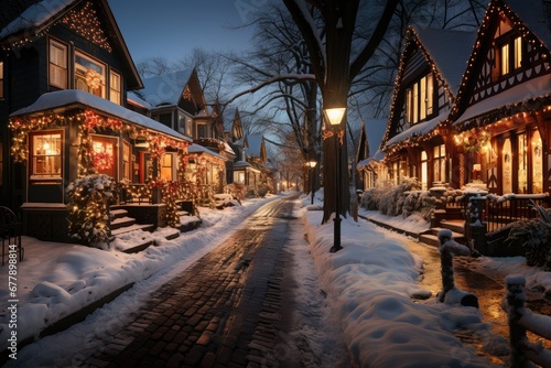 New Year's Eve, snowy street is decorated with Christmas lights. © Виктория Попова