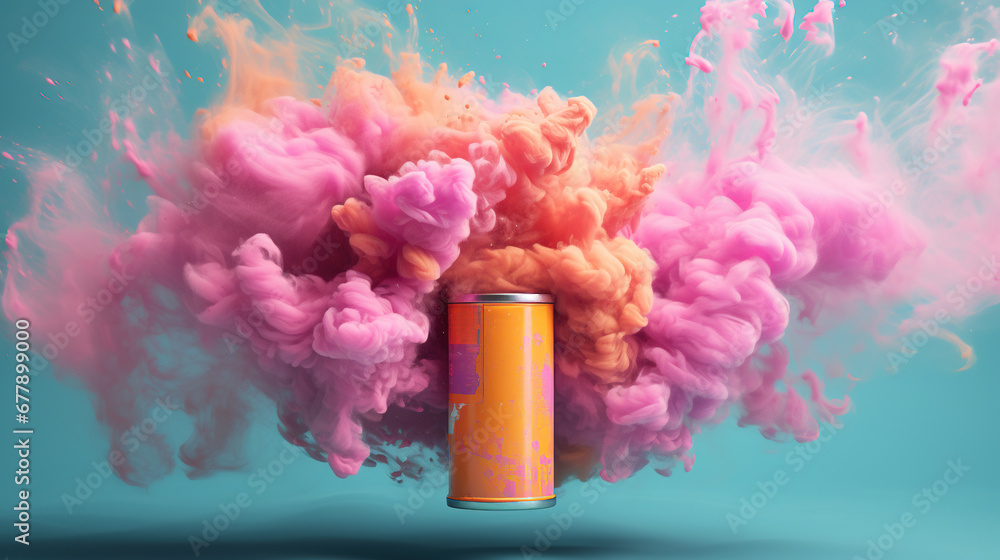 Pink aerosol can with cloud of colored powders, in light orange and teal, colorful explosions, striking composition - obrazy, fototapety, plakaty 