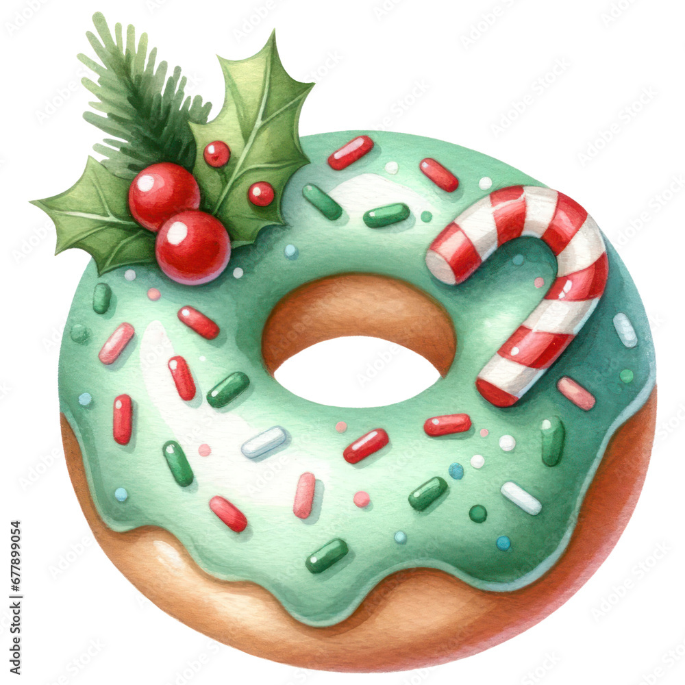 Christmas Glazed Donut with Holly Berry, Funfetti Sprinkles and Candy, Sweet Dessert, Watercolor, Festive Decoration Isolated on Transparent Background. Generative AI