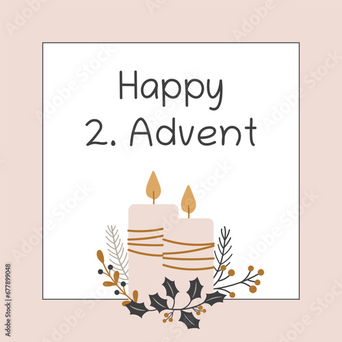 Happy 2. Advent - Schriftzug in englischer Sprache - Schönen 2. Advent. Quadratische Grußkarte mit zwei Kerzen und winterlichen Zweigen.