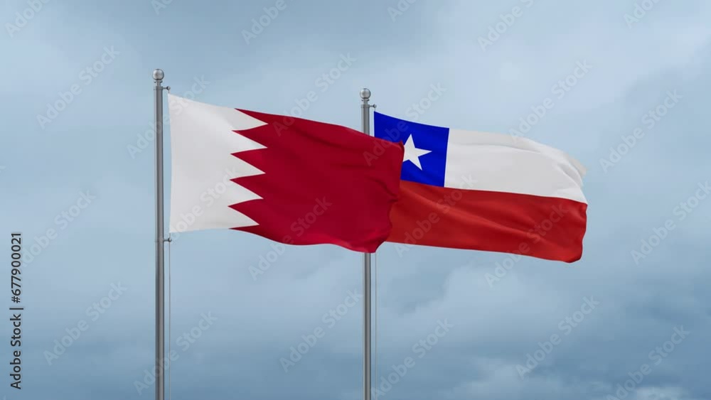 Chile flag and Bahrain flag waving together on cloudy sky, endless seamless loop, two country relations concept Chile flag and Bahrain flag waving together on cloudy sky, endless seamless loop, two country relations concept