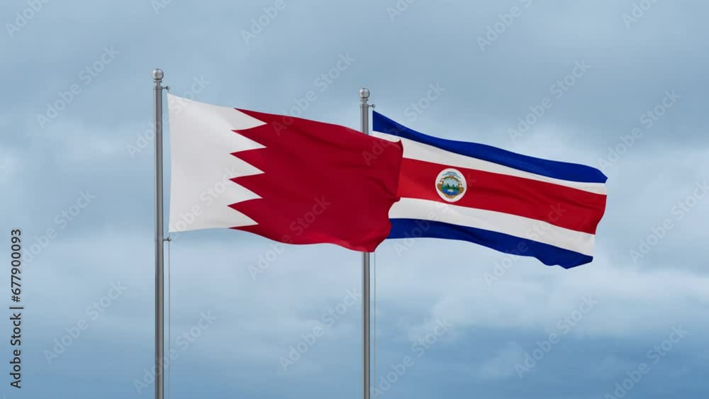 Costa Rico and Bahrain flag waving together on cloudy sky, endless seamless loop, two country cooperation concept Costa Rico and Bahrain flag waving together on cloudy sky, endless seamless loop, two country cooperation concept