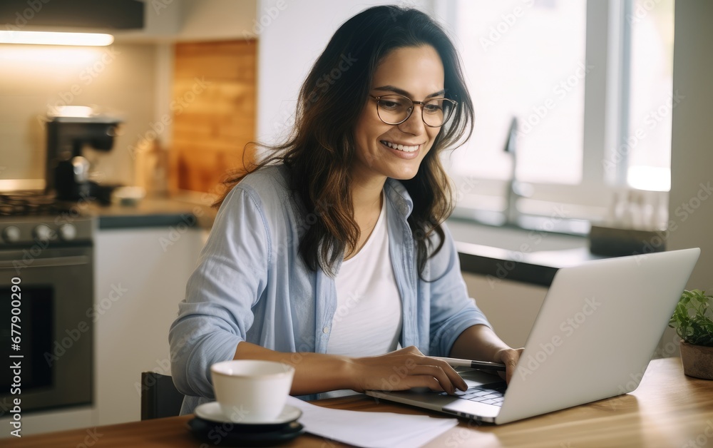 Smiling businesswoman reading financial document and using laptop on desk while working from home Smiling businesswoman reading financial document and using laptop on desk while working from home