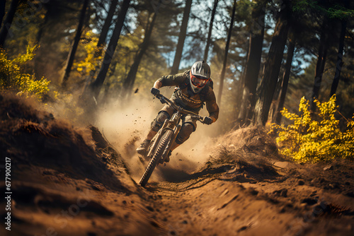 mountain bike racer descending dust-shrouded trail in daylight