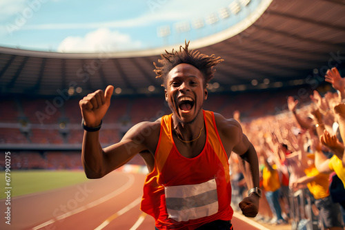 african olympic runner celebrating victory after a race on olympic stadium track