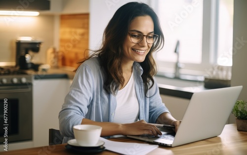 Smiling businesswoman reading financial document and using laptop on desk while working from home