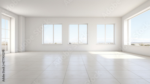 white Interior of new apartment  empty living room  tiled floor