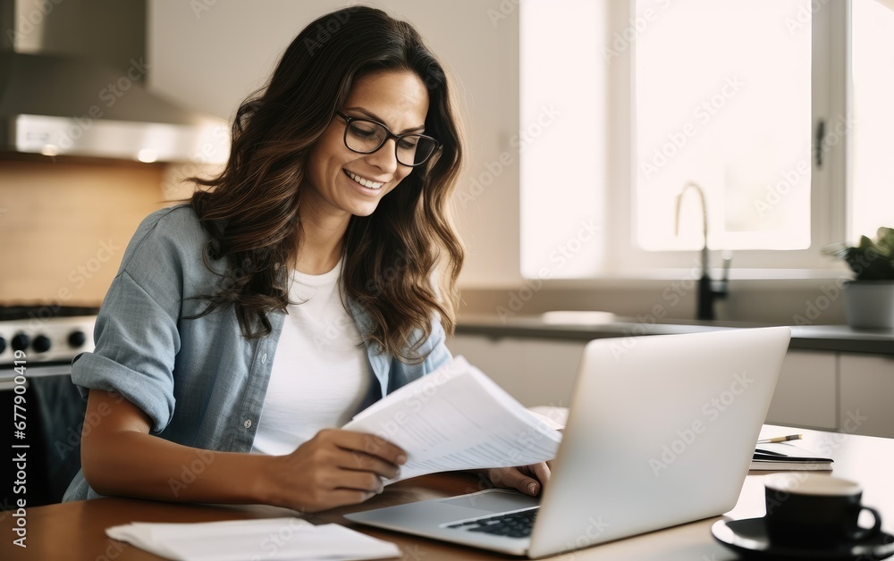 Smiling businesswoman reading financial document and using laptop on desk while working from home Smiling businesswoman reading financial document and using laptop on desk while working from home