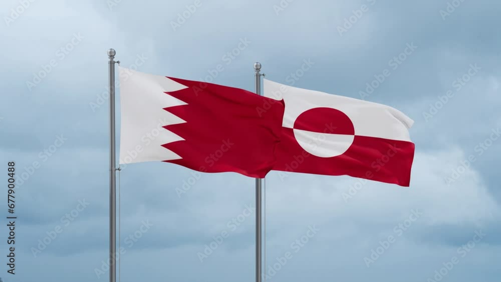 Greenland flag and Bahrain flag waving together on cloudy sky, endless seamless loop, two country relations concept Greenland flag and Bahrain flag waving together on cloudy sky, endless seamless loop, two country relations concept