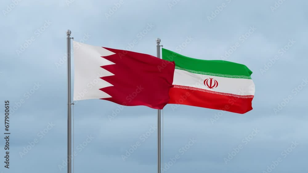 Iran flag and Bahrain flag waving together on blue sky, looped video Iran flag and Bahrain flag waving together on blue sky, looped video