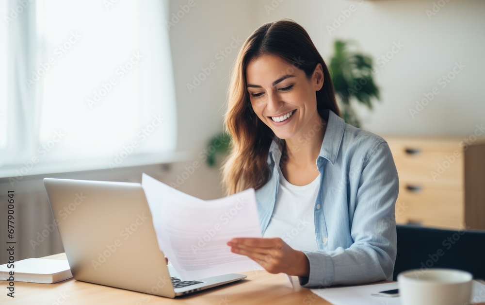 Smiling businesswoman reading financial document and using laptop on desk while working from home Smiling businesswoman reading financial document and using laptop on desk while working from home