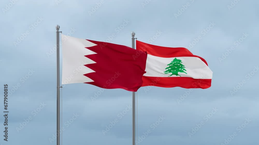 Lebanon flag and Bahrain flag waving together on cloudy sky, endless seamless loop, two country relations concept Lebanon flag and Bahrain flag waving together on cloudy sky, endless seamless loop, two country relations concept