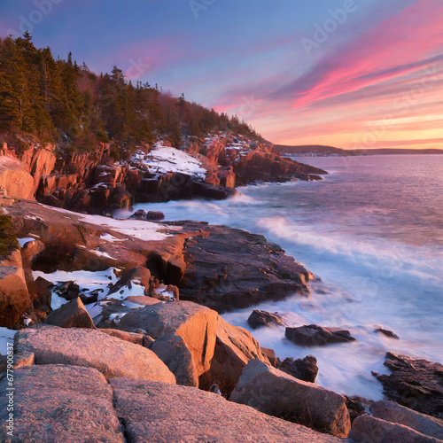 A coastal scene during a winter sunrise in Acadia National Park, USA, with the first light painting the rocky shores and the Atlantic Ocean in hues of pink and gold.