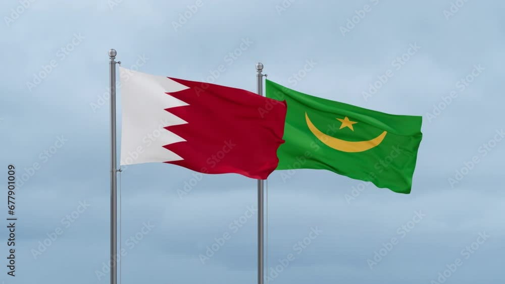 Mauritania flag and Bahrain flag waving together on cloudy sky, endless seamless loop, two country relations concept Mauritania flag and Bahrain flag waving together on cloudy sky, endless seamless loop, two country relations concept