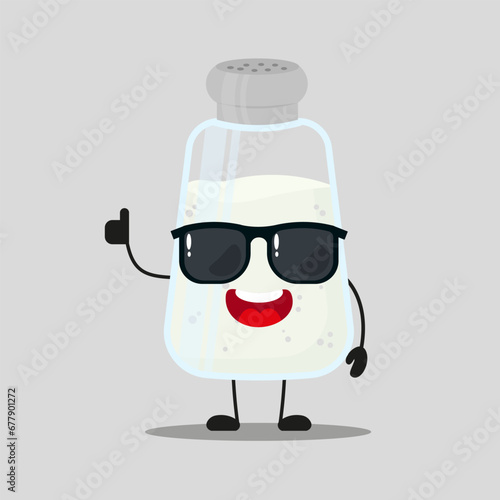 Cute happy salt character wear sunglasses. Funny ingredient greet friend cartoon emoticon in flat style. closet vector illustration