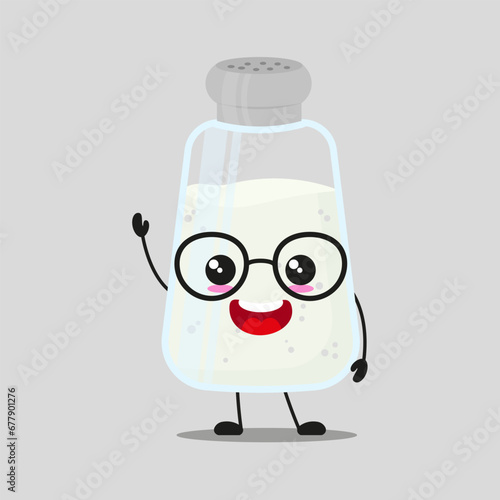 Cute happy salt character wear eyeglasses. Smiling and greet ingredient cartoon emoticon in flat style. closet vector illustration