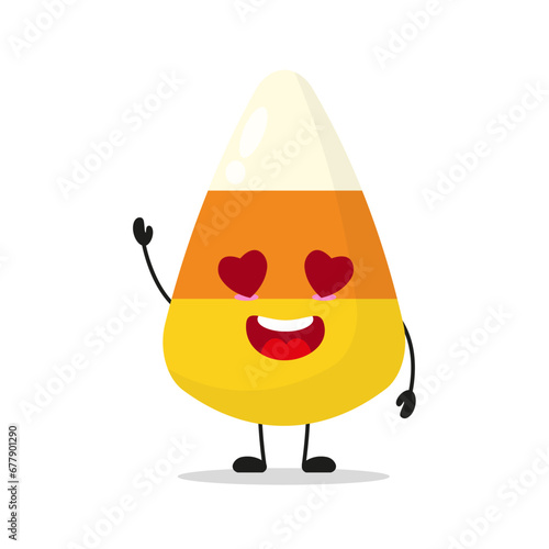 Cute happy corn candy character. Funny fall in love sweet cartoon emoticon in flat style. closet vector illustration