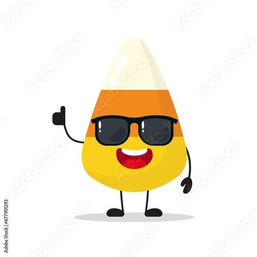 Cute happy corn candy character wear sunglasses. Funny sweet greet friend cartoon emoticon in flat style. closet vector illustration