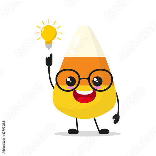 Cute smart corn candy character. Funny sweet got inspiration idea cartoon emoticon in flat style. closet vector illustration