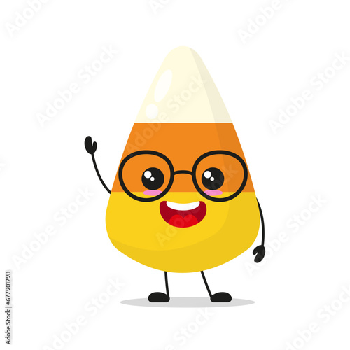 Cute happy corn candy character wear eyeglasses. Smiling and greet sweet cartoon emoticon in flat style. closet vector illustration