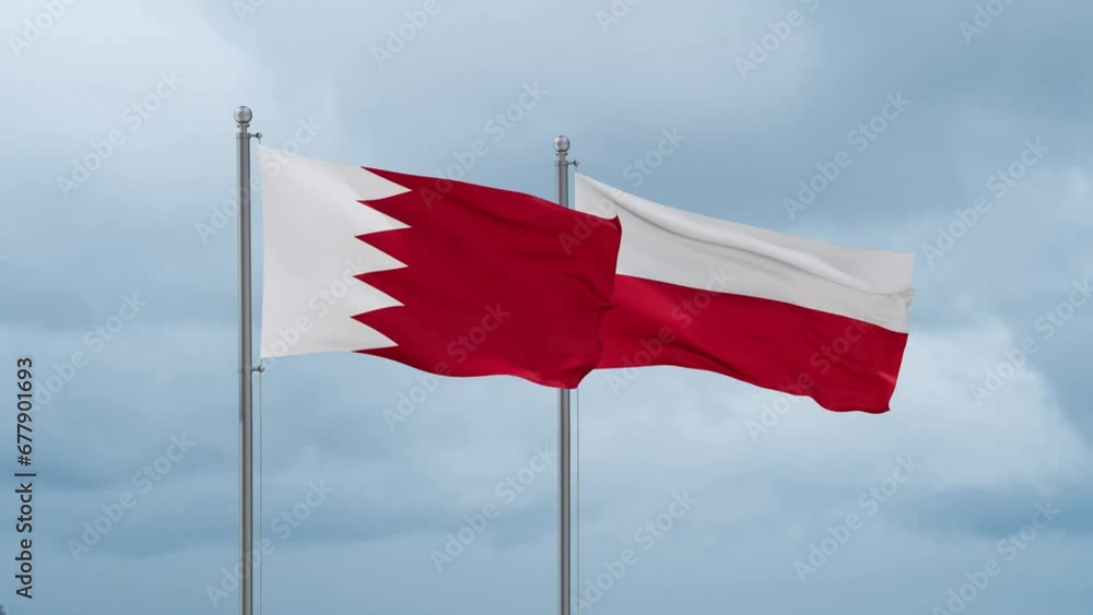 Poland and Bahrain flag waving together on cloudy sky, endless seamless loop, two country cooperation concept Poland and Bahrain flag waving together on cloudy sky, endless seamless loop, two country cooperation concept