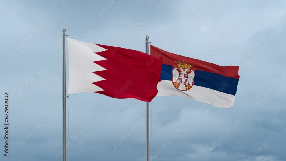 Republic of Serbia and Bahrain flag waving together on cloudy sky, endless seamless loop, two country cooperation concept Republic of Serbia and Bahrain flag waving together on cloudy sky, endless seamless loop, two country cooperation concept
