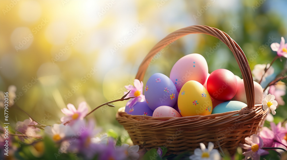 Sunlit Easter Basket with Decorated Eggs Amidst Spring Blooms Sunlit Easter Basket with Decorated Eggs Amidst Spring Blooms