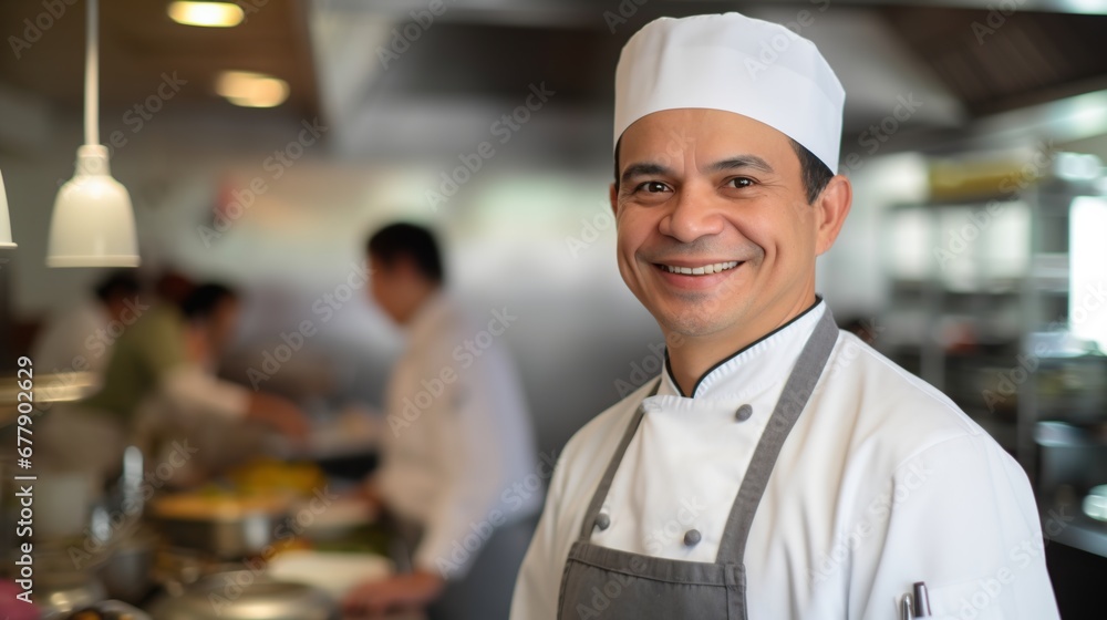 Portrait of male chef in restaurant in white uniform looking at camera