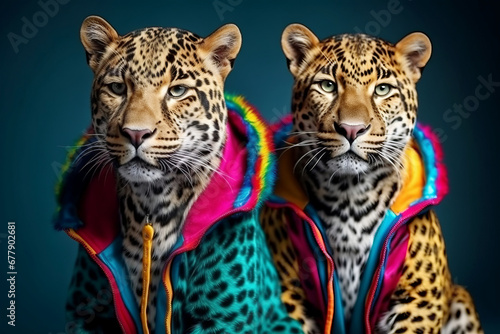 Two majestic fashionable leopards dressed in vibrant funky jackets posing for a striking portrait