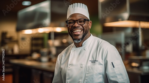 Portrait of male chef in restaurant in white uniform looking at camera