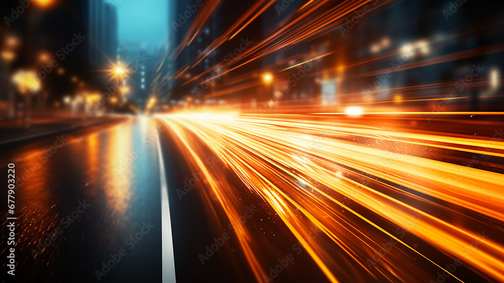 golden beams of light from headlights in blurry zoom traffic in the night city, traffic speed abstract background nightlife