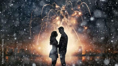 silhouette of a couple in love on the background of Christmas fireworks, abstract blurred background snowflakes winter holiday, newlyweds copy space blank