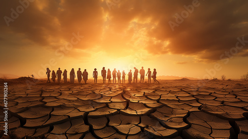silhouette of a group of people at sunset in the desert, climate change, global warming, land desertification, cracks on dry land landscape