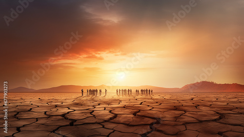 silhouette of a group of people at sunset in the desert, climate change, global warming, land desertification, cracks on dry land landscape