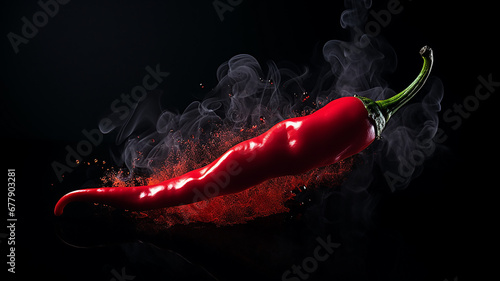 fresh hot red chili pepper on a black background, fiery hot seasoning