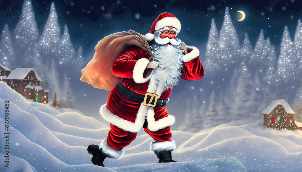 Święty Mikołaj niosący worek z prezentami - obrazy, fototapety, plakaty 