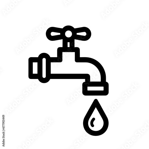 Water tap with a water drop icon. Black classic faucet with a single water droplet. Concept of water usage or plumbing