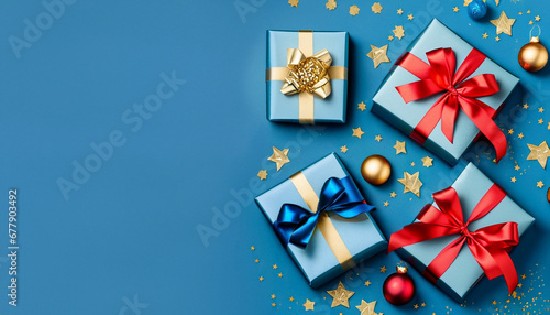 Prezenty i ozdoby świąteczne na niebieskim tle. Bożonarodzeniowe tło z miejscem na tekst