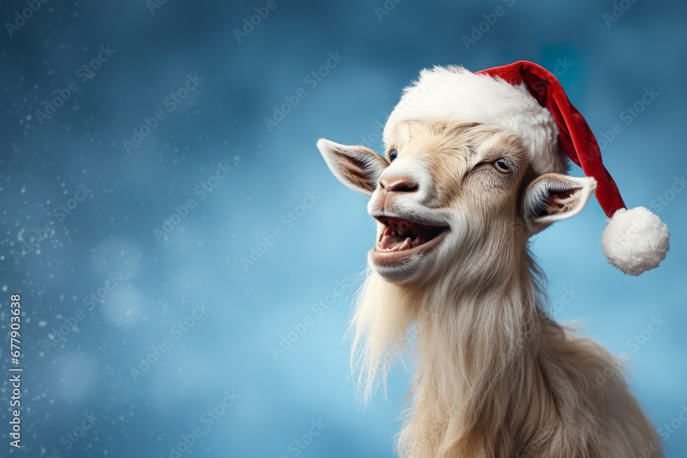 Goat in Santa Hat, Banner for Veterinary Clinic. Pet Shop Christmas banner, on blue background, copy space Goat in Santa Hat, Banner for Veterinary Clinic. Pet Shop Christmas banner, on blue background, copy space
