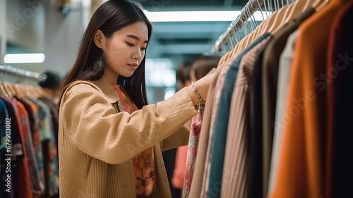 asian women looking at clothes and price tag while shopping at store photo