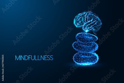 Mindfullness, awareness, consciousness futuristic concept with brain and balancing stones 