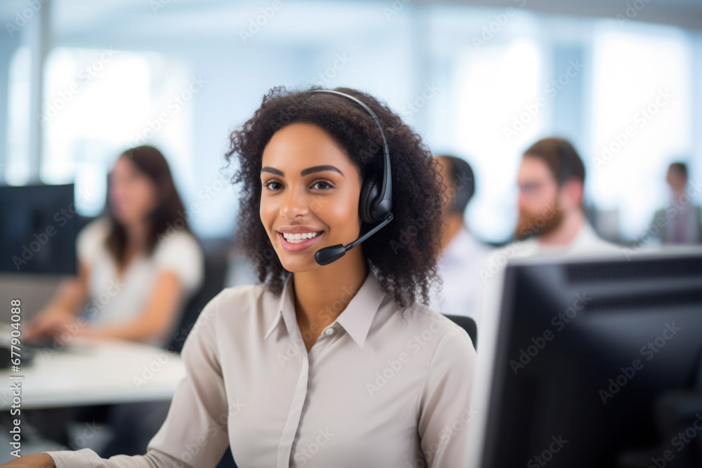 Call centre specialist, help desk service operator talking with client Call centre specialist, help desk service operator talking with client