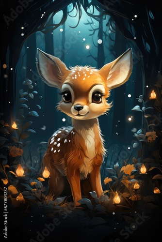 Illustration of a cute deer in a fairy forest.