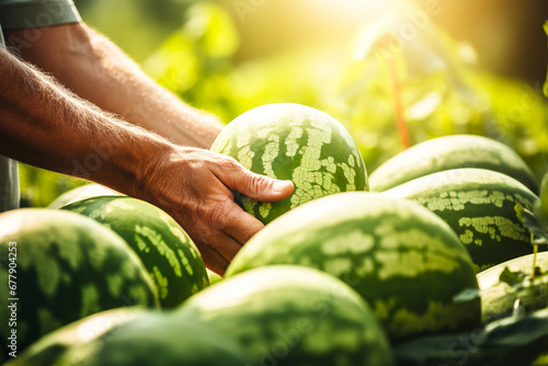 Close up shot of hands picking watermelons in orchard © Pajaros Volando