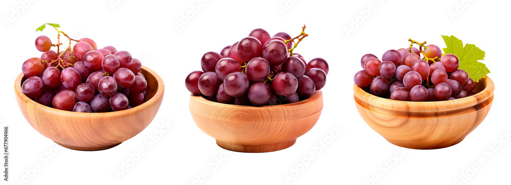 Wooden bowls with grapes on them over isolated transparent background - obrazy, fototapety, plakaty 