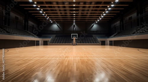 Inside of modern basketball arena with wooden court. generative AI