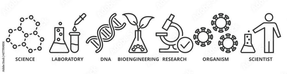 Biotechnology banner web icon vector illustration concept with icon of science, laboratory, dna, bioengineering, research, organism, and scientist - obrazy, fototapety, plakaty 