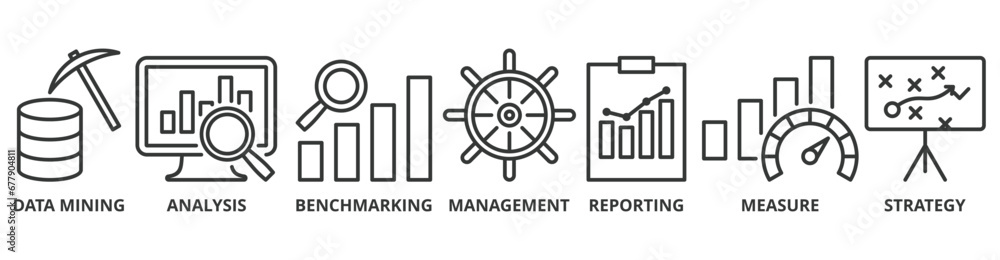 Business intelligence banner web icon vector illustration concept with icon of data mining, analysis, benchmarking, management, reporting, measure, and strategy Business intelligence banner web icon vector illustration concept with icon of data mining, analysis, benchmarking, management, reporting, measure, and strategy
